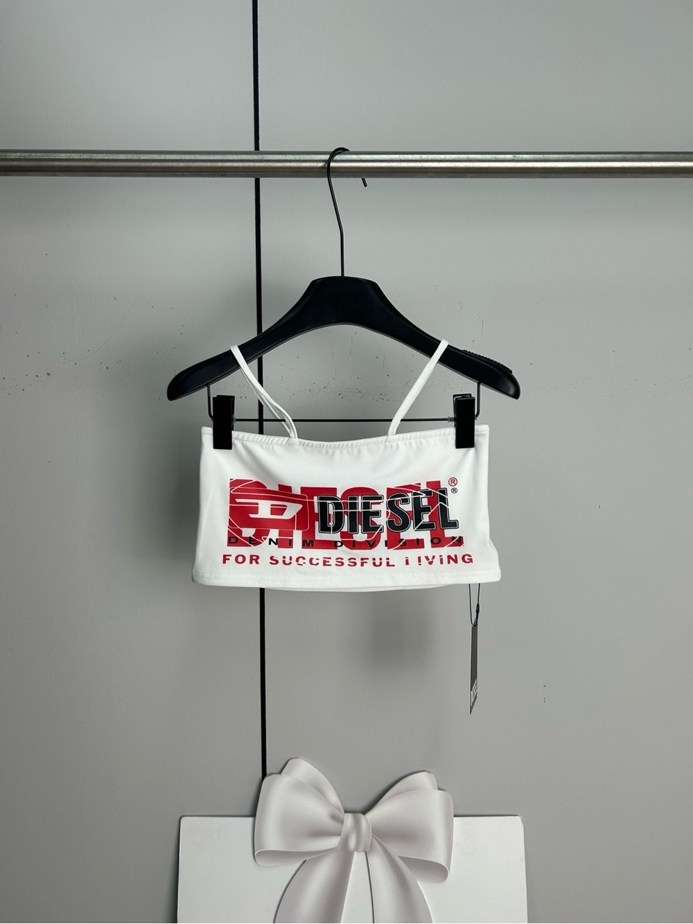 Diesel White Crop Tank with Red Logo Print